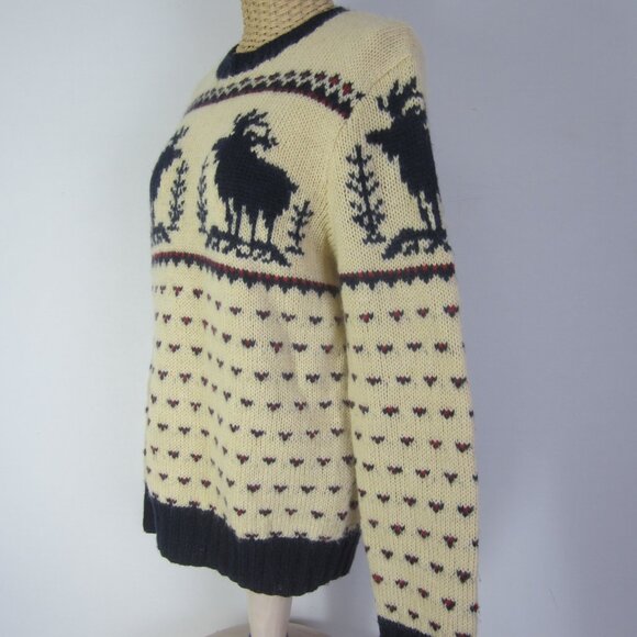 J Crew Womens Small Ivory Red Navy Reindeer Wool LS Sweater Crew Neck Hand Knit - Picture 3 of 11